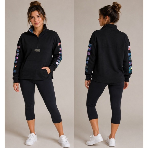 Victoria's Secret Tops - Pink Victoria Secret Sweatshirt Oversized Black 1/4 Zip Tropical Logo Medium